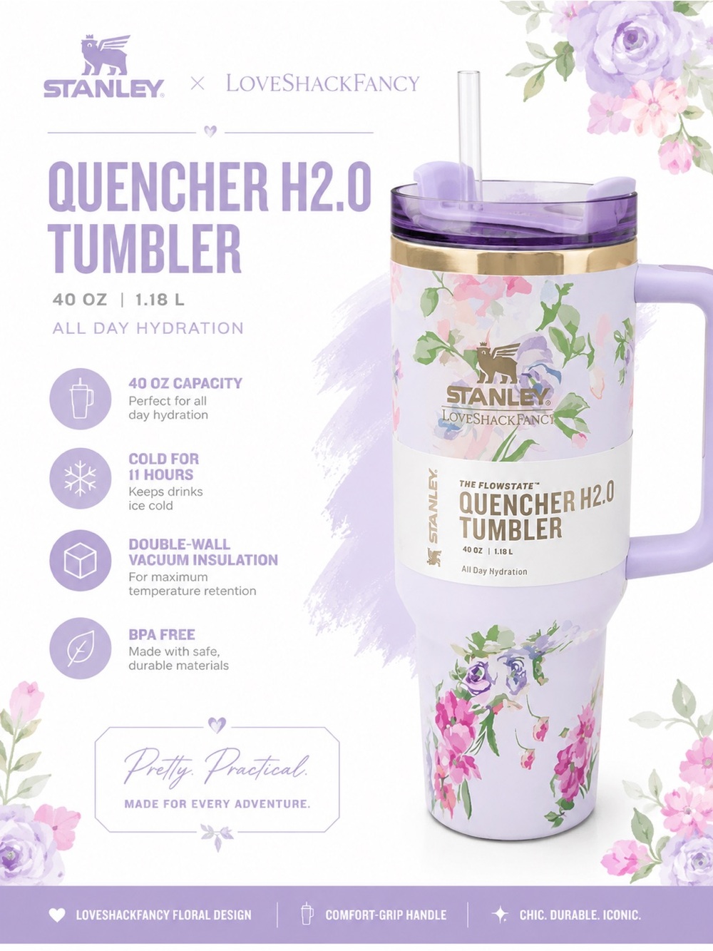 Pick 1: LoveShackFancy x Stanley 40 oz Quencher Tumbler - Picture 2 of 3